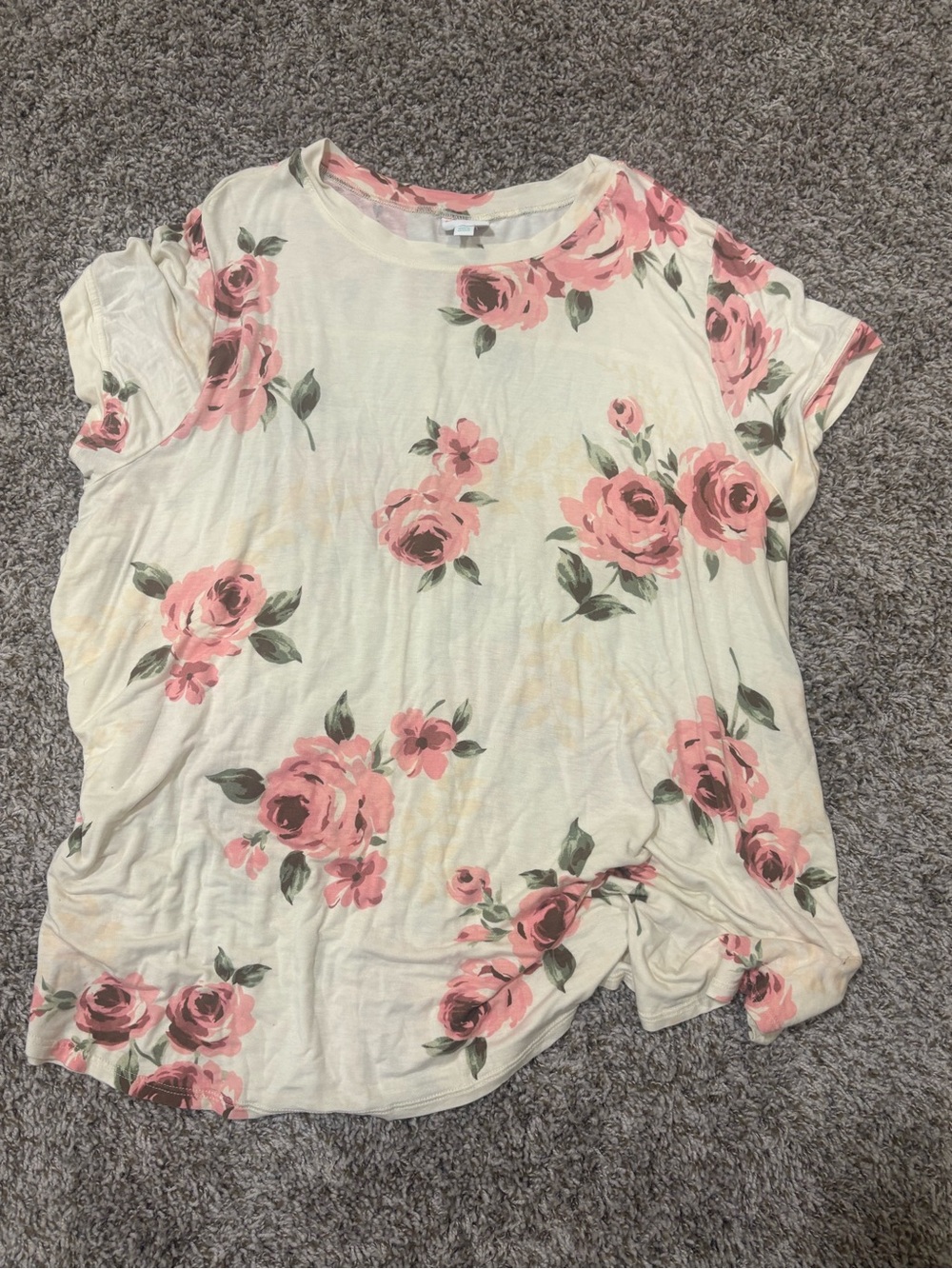 LuLaRoe Cream Scoop Neck Top with Pink Rose Print